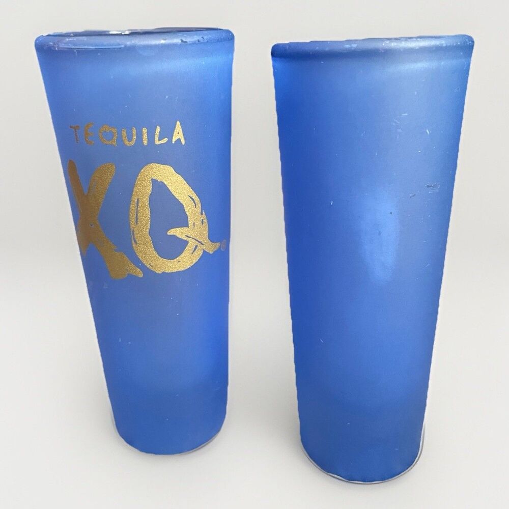 Tequila XQ shooter glasses — tall, frosted blue shot glasses